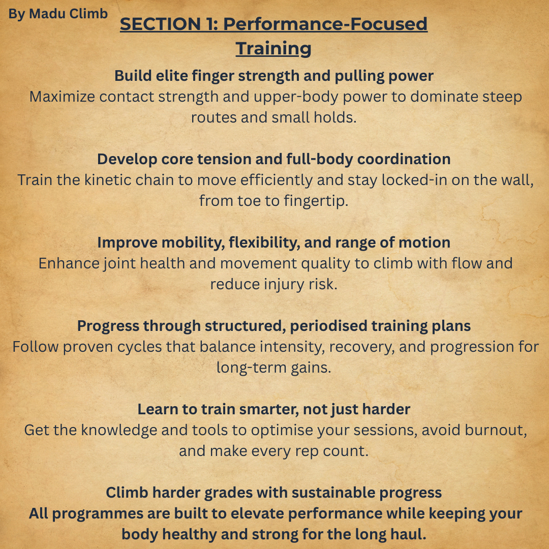 A+ Rock Climbing Specific Training Programme, customized to fit your unique needs and schedule, with your own personal coach guiding you every step of the way.