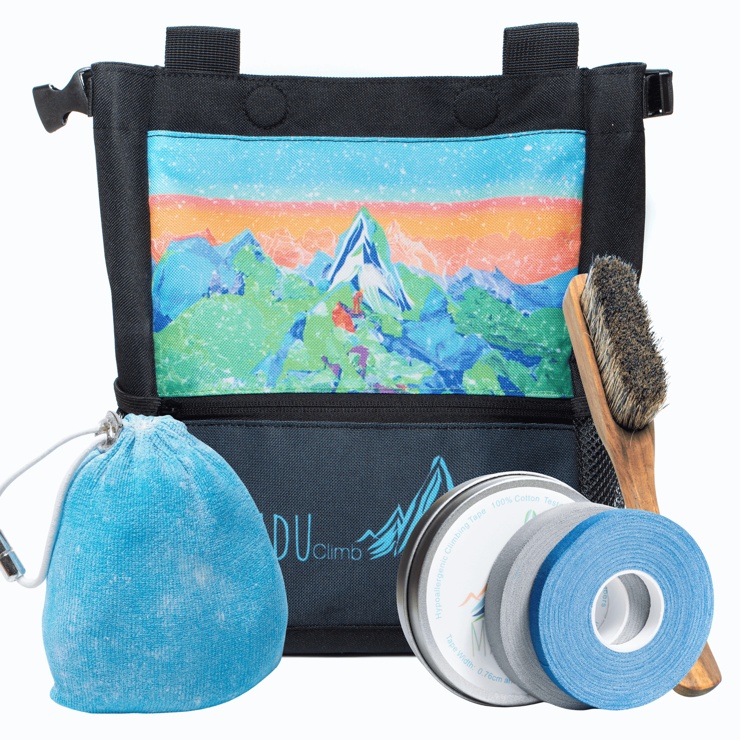 Bouldering Climbing Chalk Bag Bucket Set Includes - Boars Hair Brush - Refillable Chalk Ball - 100% Cotton Finger Tape