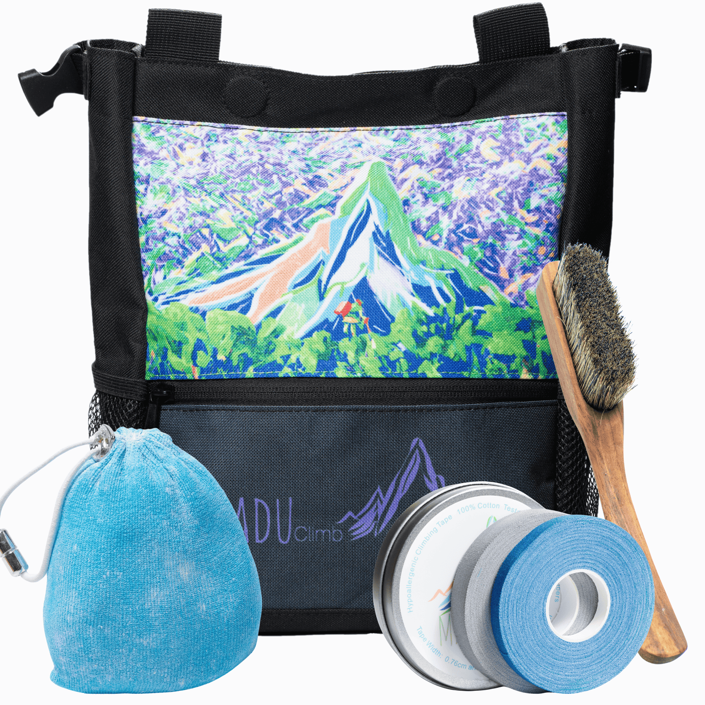 Bouldering Climbing Chalk Bag Bucket Set Includes - Boars Hair Brush - Refillable Chalk Ball - 100% Cotton Finger Tape