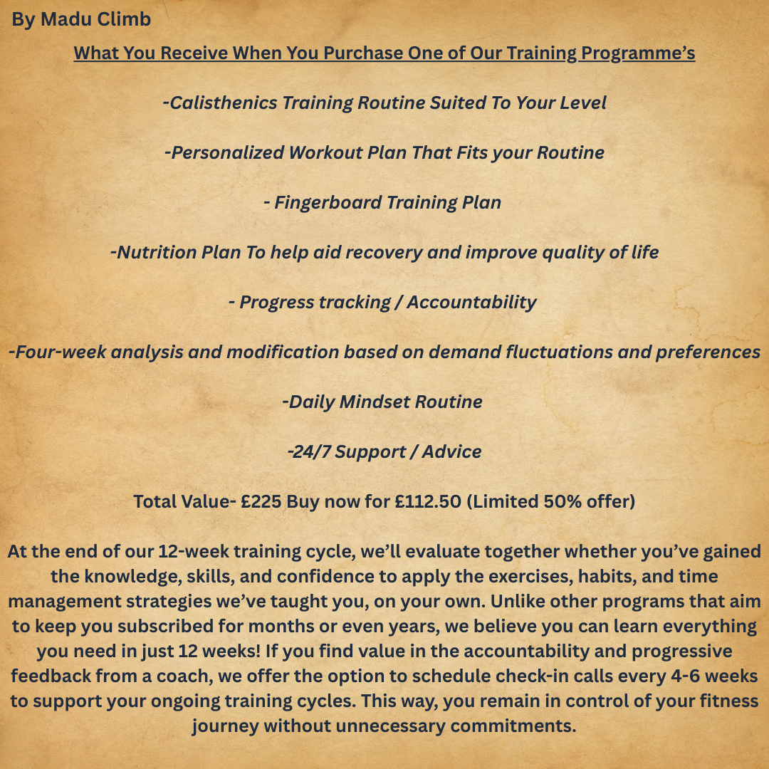 A+  Rock Climbing Specific Training Programme, customized to fit your unique needs and schedule, with your own personal coach guiding you every step of the way.