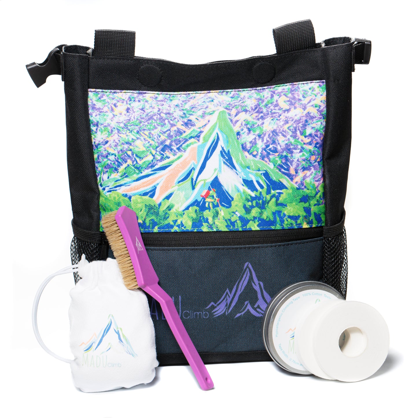 Bouldering Climbing Chalk Bag Bucket Set Includes  - Boars Hair Brush - Refillable Chalk Ball - 100% Cotton Finger Tape