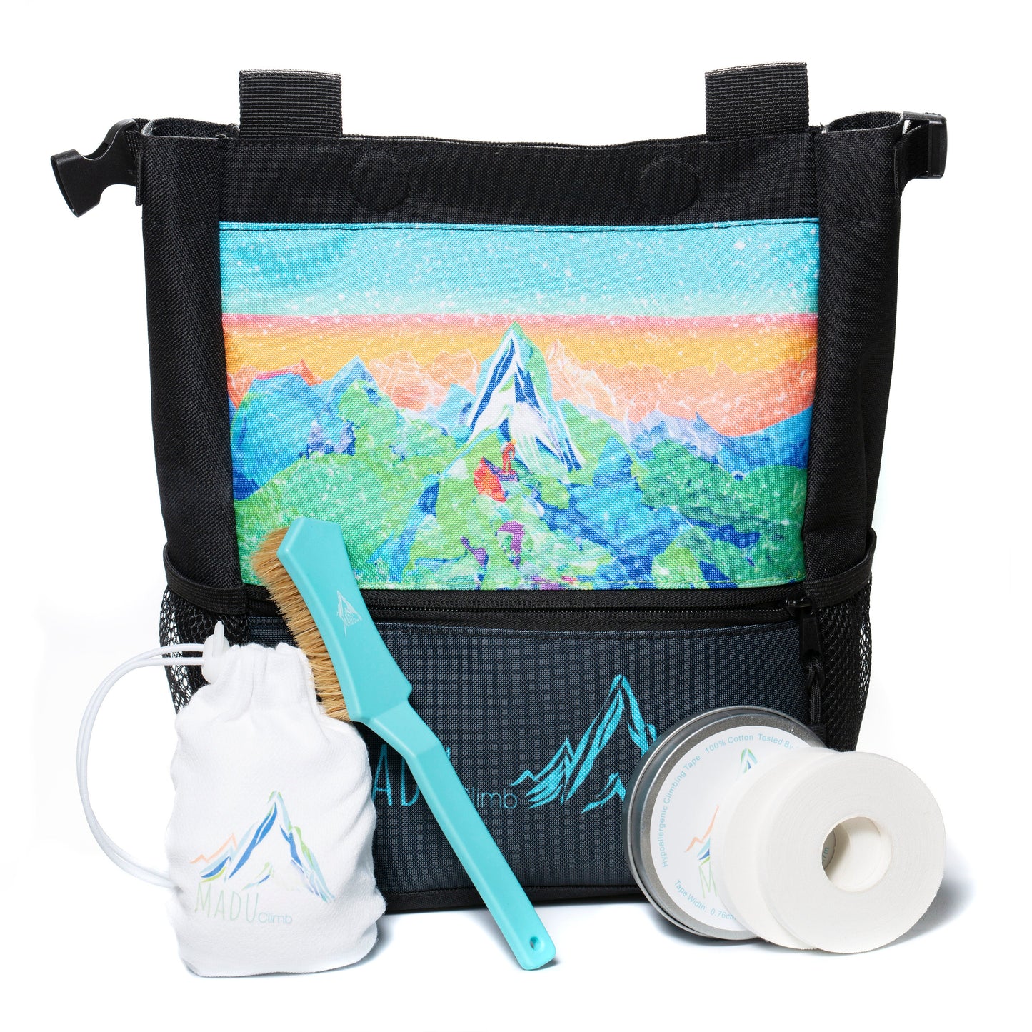 Bouldering Climbing Chalk Bag Bucket Set Includes  - Boars Hair Brush - Refillable Chalk Ball - 100% Cotton Finger Tape